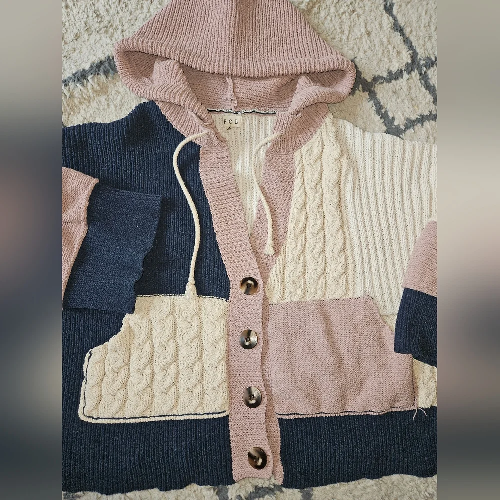 POL Slouchy Mixed Media Cardigan With Hood Medium - Picture 6 of 6